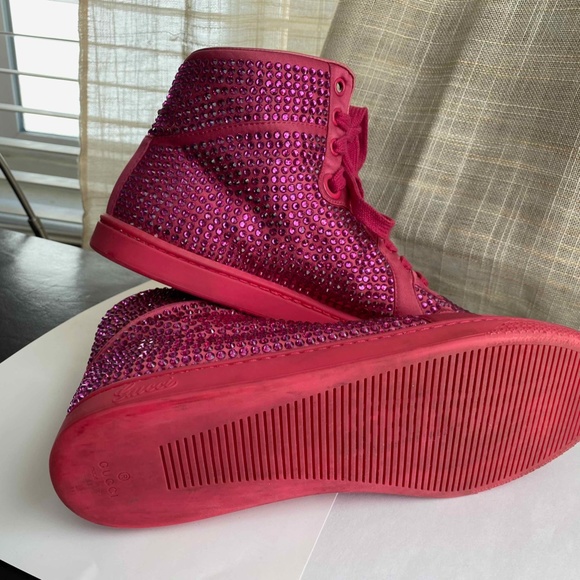 GUCCI PINK FUSCHIA LEATHER FAUX DIAMOND ACCENT LACED HI-CUT SNEAKERS RUBBER 37-7 - Picture 8 of 10